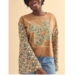 Earthbound Trading Brown Green Snail Contrast Floral Sleeve Shirt SIZE XL NWOT